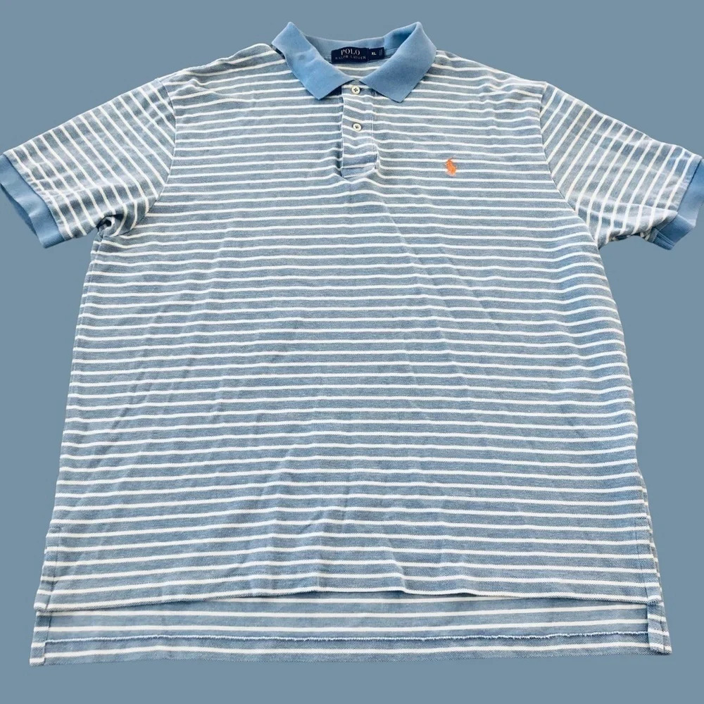 Polo Ralph Lauren Mens XL‎ Pique Knit Striped Classic Polo Shirt Blue Stripe